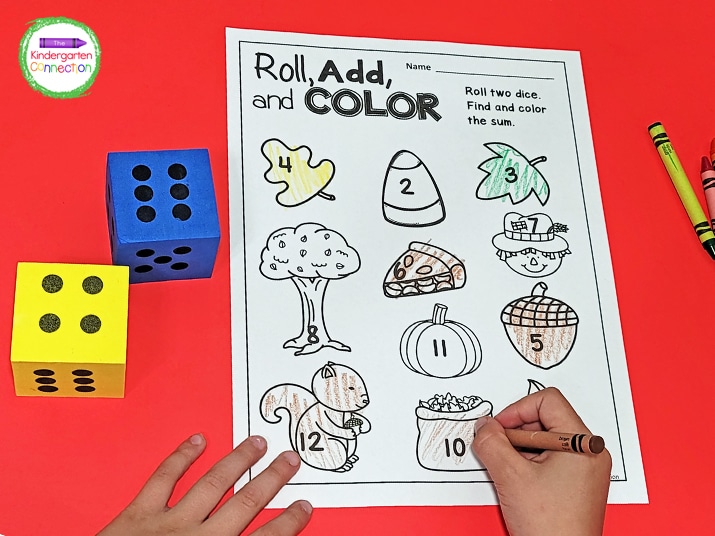 Work on addition skills with the Roll, Add, and Color printable.