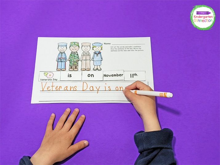 This printable includes a simple sentence teaching kids the date of Veterans Day.