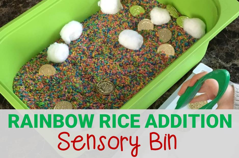 rainbow rice addition sensory bin