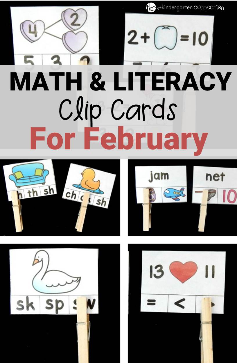 These math and literacy clip cards are perfect for Kindergarten students in February! Work on important skills and build up fine motor too!