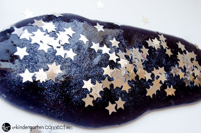 Starry night sky slime is a the perfect sensory activity for a space unit, or just for fun! Easy to make yourself at home or school for fun sensory play.