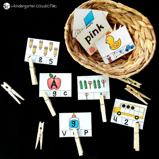 These back to school kindergarten clip cards make great math and literacy centers. Work on skill building and fine motor too!