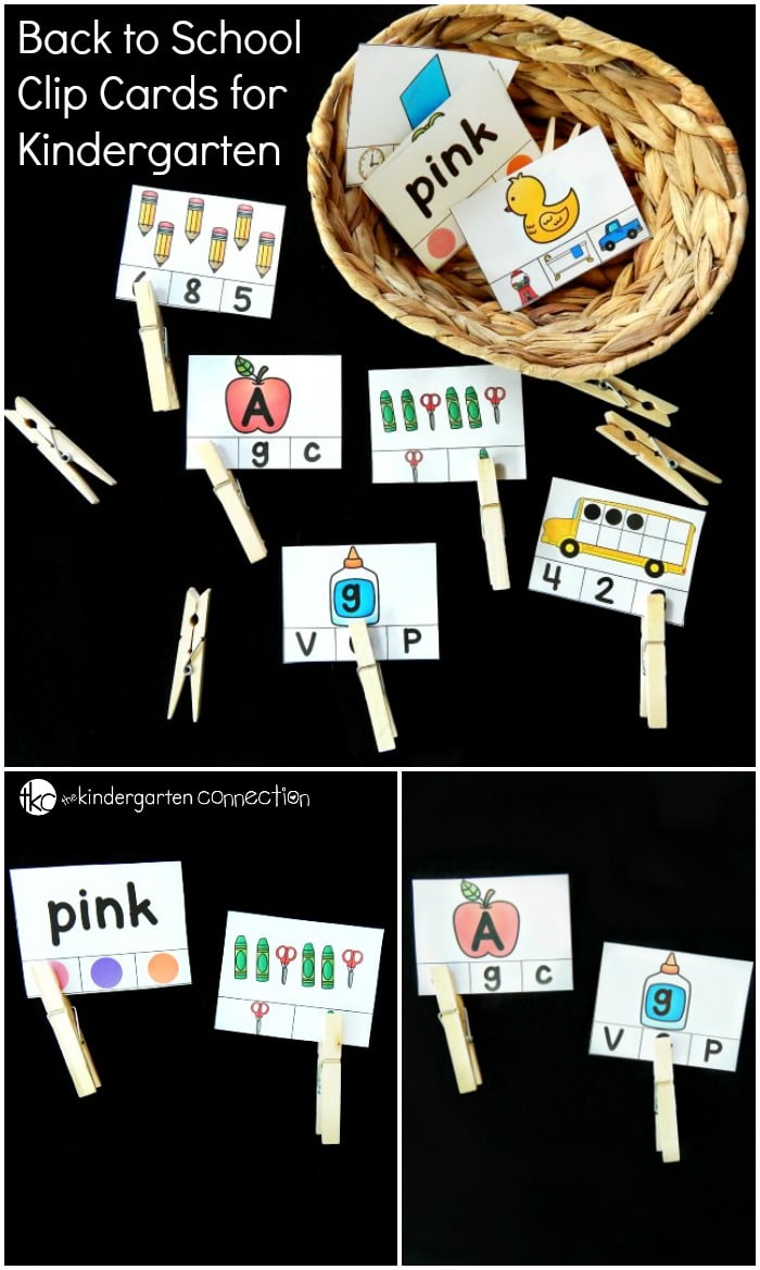 These back to school kindergarten clip cards make great math and literacy centers. Work on skill building and fine motor too!