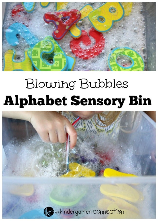 What a fun alphabet sensory bin for preschoolers and kindergarteners! Blow bubbles and have hands on fun with letters and sounds.