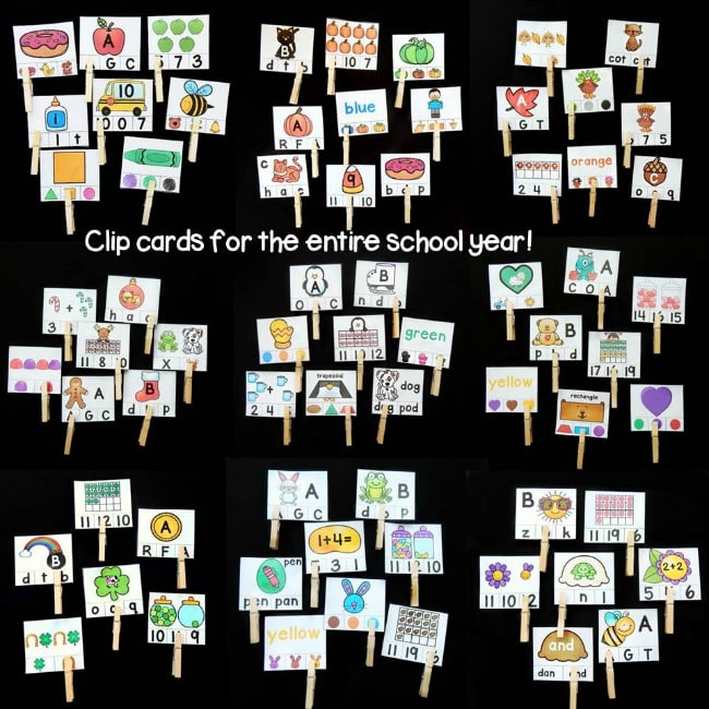 Learn math and literacy skills for Pre-K and Kindergarten with clip cards!