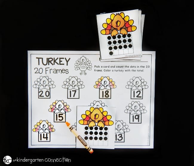 This free turkey 20 frames math game is such a fun math center for kindergarten. Practice counting and recognizing teen numbers with a turkey theme!