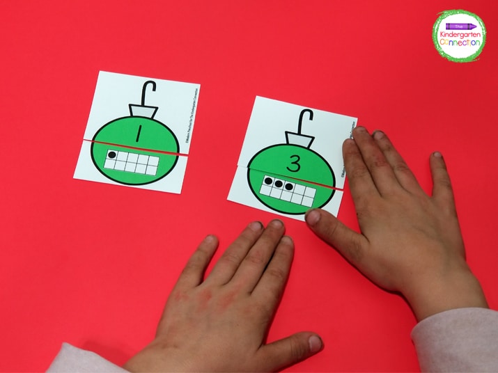 In this game, students simply match up the number half of the ornament with the corresponding ten frame.