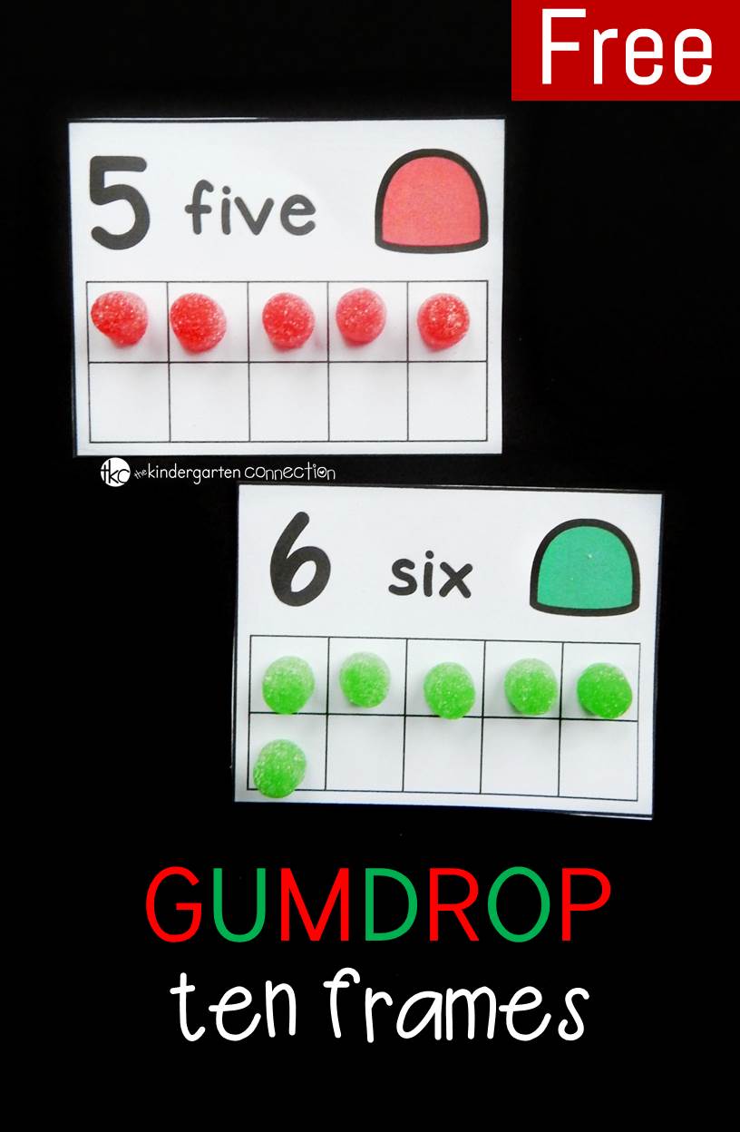 These free gumdrop ten frame cards are a great math center for kids to work on counting, one to one correspondence, and even decomposing numbers! They add a fun, festive theme during the holiday season!