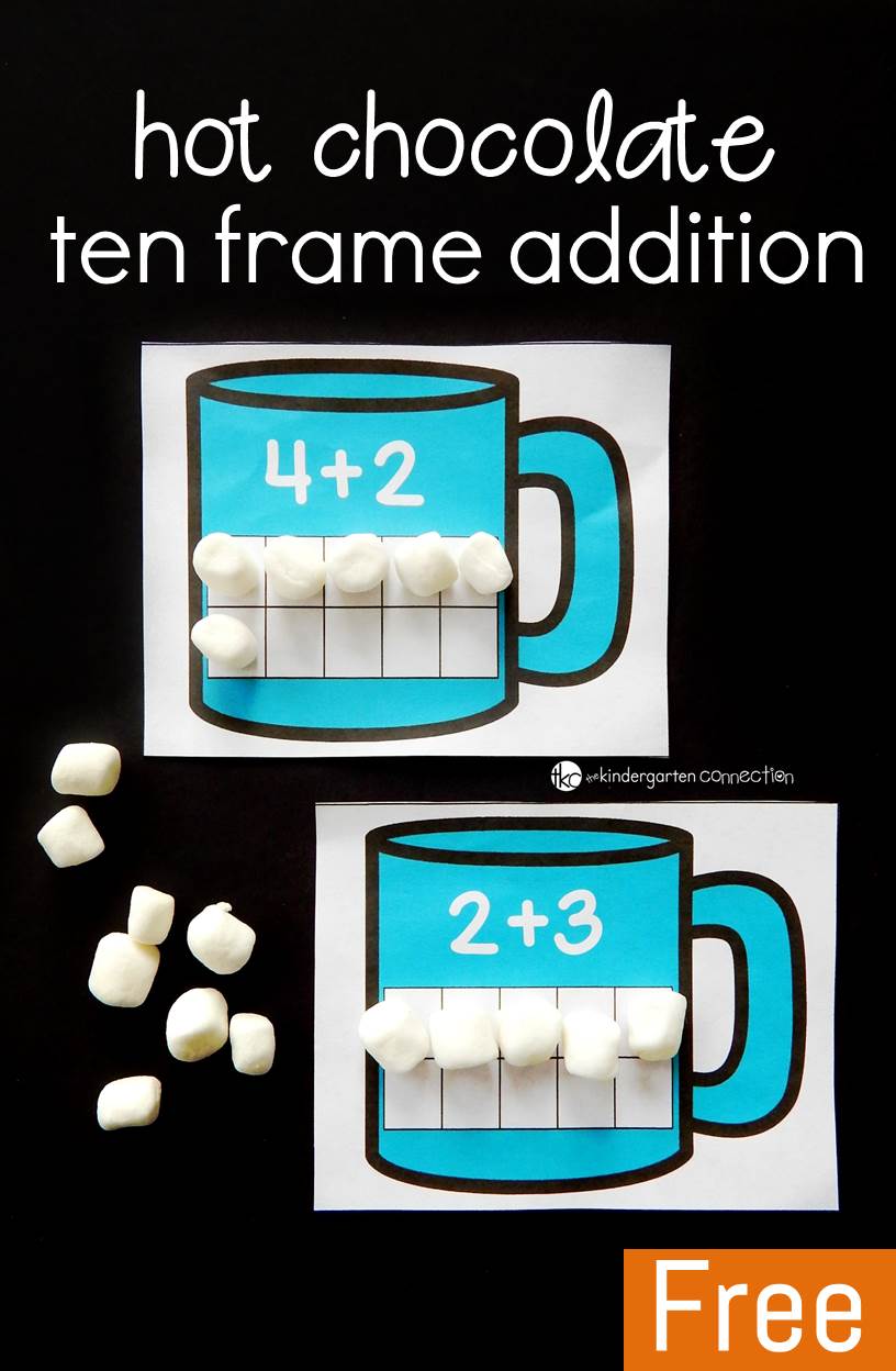 Practice addition to ten with these free hot chocolate ten frame addition mats! What a fun winter math center for Pre-K or Kindergarten!