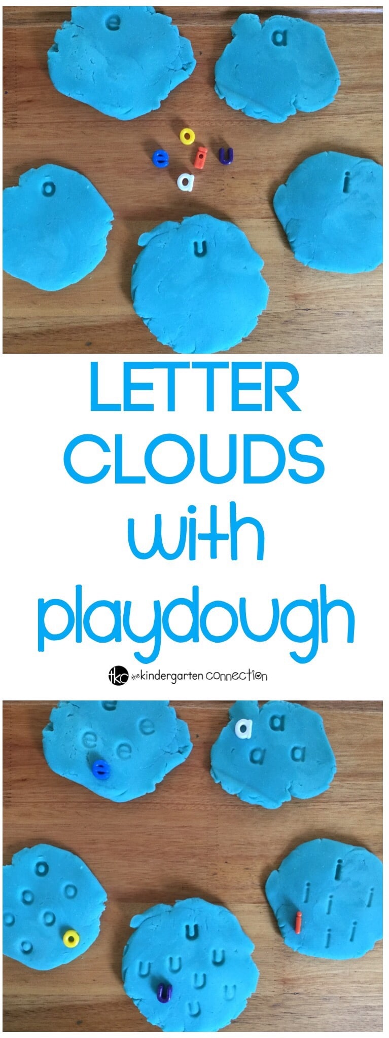 Playdough with letter beads provide all kinds of learning opportunities! We used playdough and letter beads to make clouds, imprinting and sorting vowels.