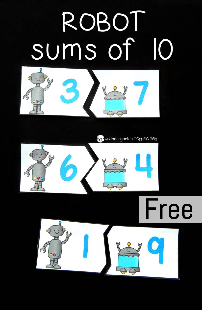 Make learning sums of 10 super fun with these engaging free printable robot sums of 10 puzzles! They are a great addition math center for kids! 