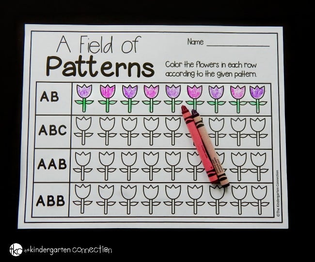 This spring tulips math patterns printable lets my kids build up their fine motor skills through coloring, while working on AB, ABC, AAB, and ABB patterns.