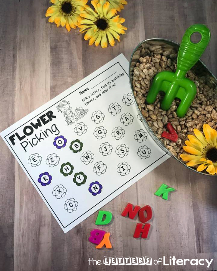 Practice the letters of the alphabet with your Preschooler or Kindergartener with this fun flower garden sensory bin with free alphabet printables! 
