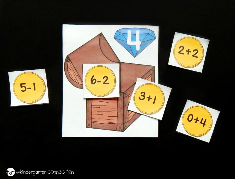 This fun, pirate-themed treasure chest math facts sort makes a great math center for Kindergarteners or First Graders to work on math facts to 10!