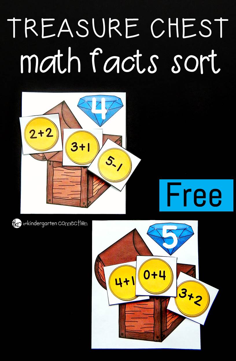 This fun, pirate-themed treasure chest math facts sort makes a great math center for Kindergarteners or First Graders to work on math facts to 10!