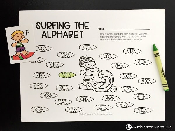 This letter match activity includes 26 uppercase surfer cards, 26 lowercase surfer cards, and an alphabet recording sheet.