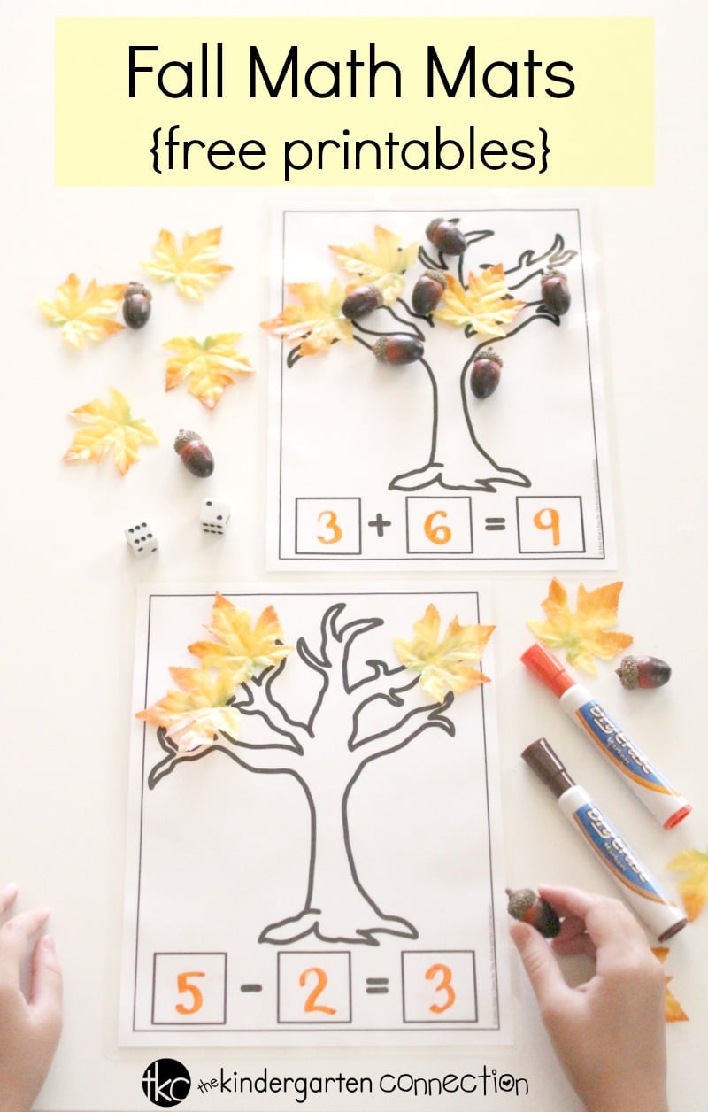 Grab these FREE addition and subtraction Fall Math Mats and place them in your math centers for use in your homeschool or traditional classroom!