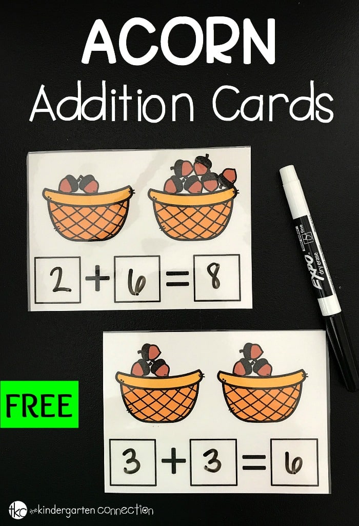 Our free acorn-themed fall addition cards are a great math activity to reinforce counting skills and practice addition skills.
