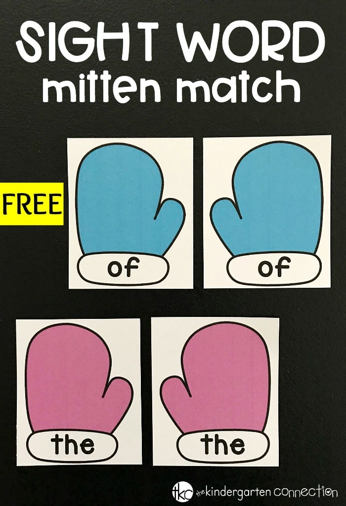 These free printable sight word matching mittens are a super fun literacy center in Pre-K, Kindergarten, or 1st grade for winter!