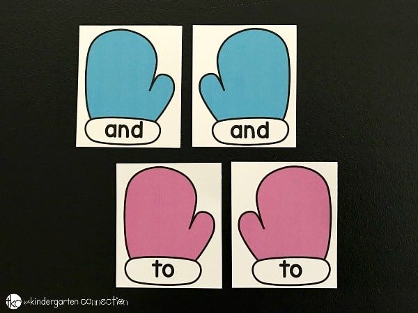 These free printable sight word matching mittens are a super fun literacy center in Pre-K, Kindergarten, or 1st grade for winter!