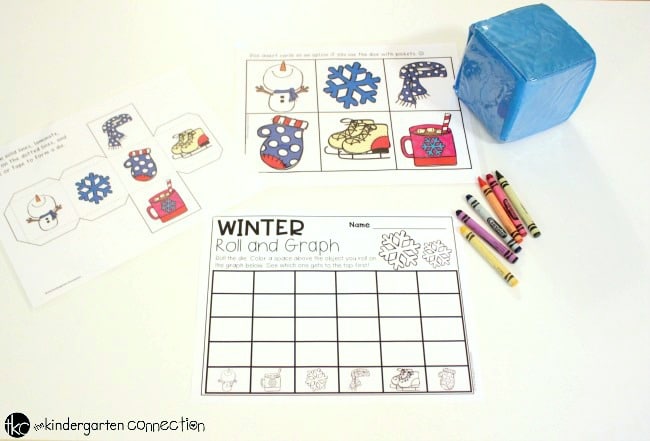 Have fun learning about graphing with this free printable winter roll and graph graphing activity! It's perfect for Pre-K and Kindergarten math centers.