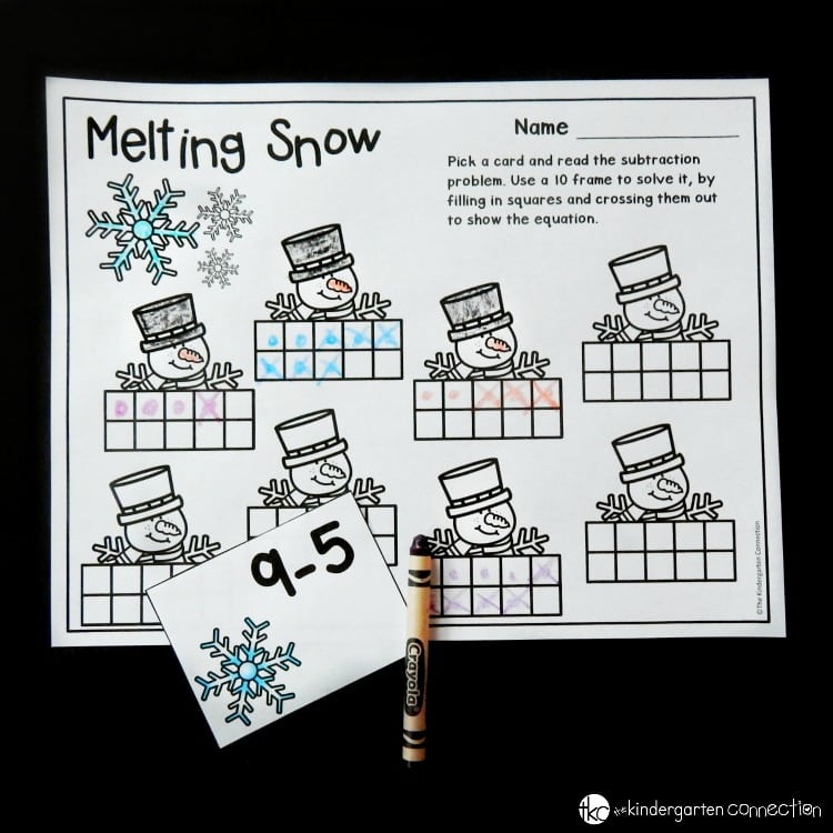 This subtraction winter math center is a fun way for Kindergarten students to work on beginning subtraction within 10 and work with ten frames too! 