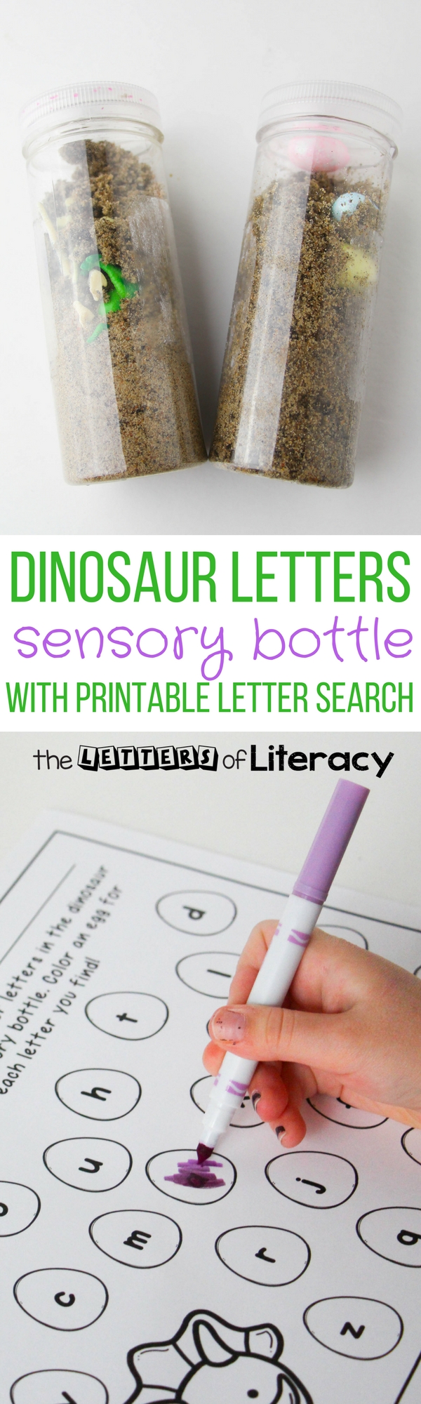 Do you have any dinosaur fans in your classroom? This duo of Dinosaur Sensory Bottles with a corresponding Dino Letter Hunt alphabet printable will be such a hit in a Pre-K and Kindergarten literacy center! 