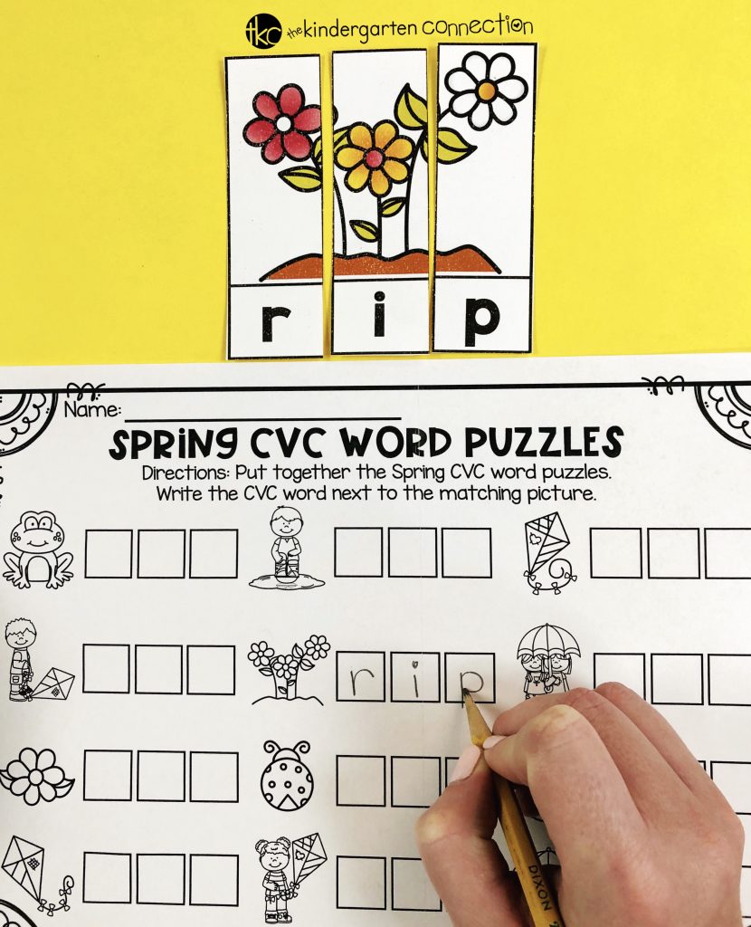 These spring-themed CVC word puzzles are so perfect for spring literacy centers in Kindergarten or 1st grade! Great for reading and writing CVC words.