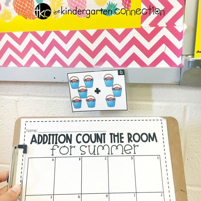 Add this Summer Count the Room addition center to your Kindergarten math centers for instant fun with counting and beginning addition skills!