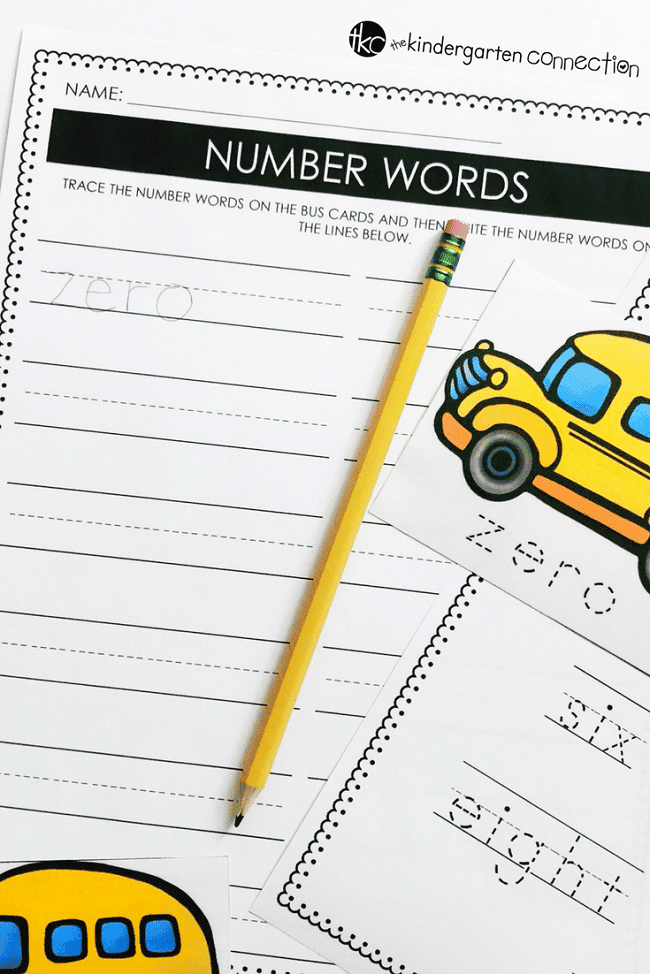 School Bus Tracing Number Words, FREE printable cards for Back to School season in Kindergarten!