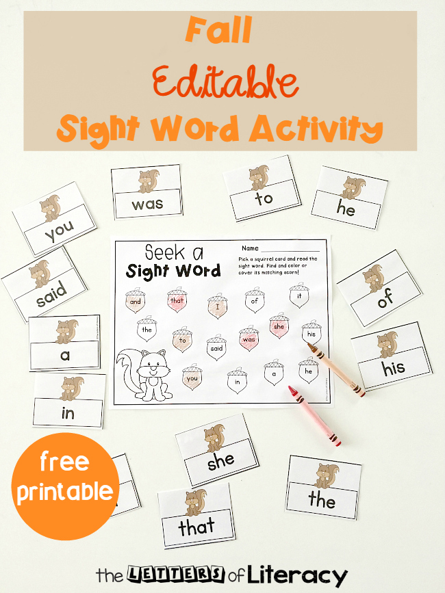 Editable Fall Sight Word Activity, FREE Printable for kinder and 1st grade!