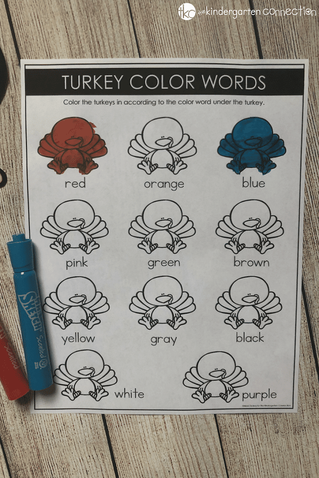 FREE printable Thanksgiving Color Word Activity mathing game for kindergarten!