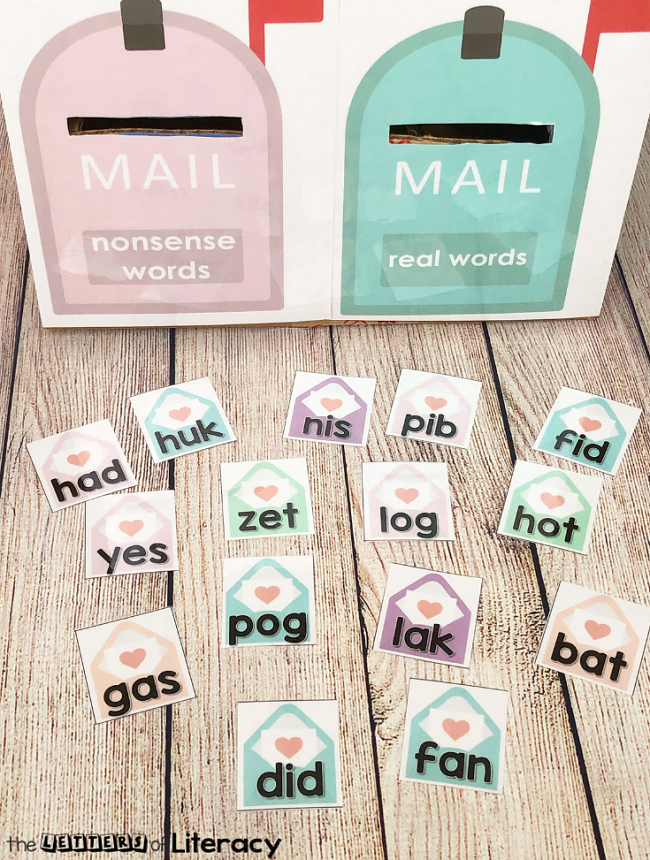 Grab our FREE Printable Valentine's Day Real & Nonsense CVC Word Sort Activity for your Kindergarten literacy center this February!