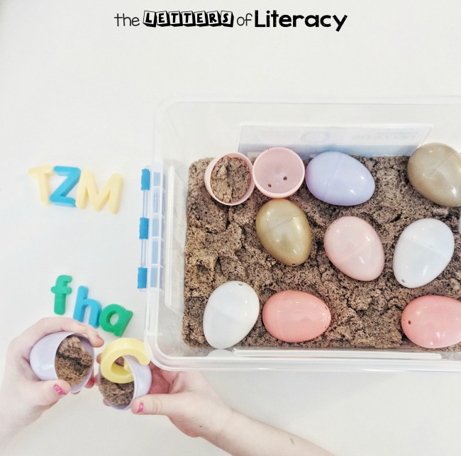 Egg Sensory Bin with frugal supplies that you already have on hand! Our favorite way to use this sensory bin is for a Letter Find activity!