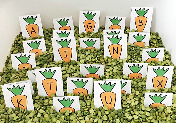 Peas and Carrots Alphabet Sensory Bin