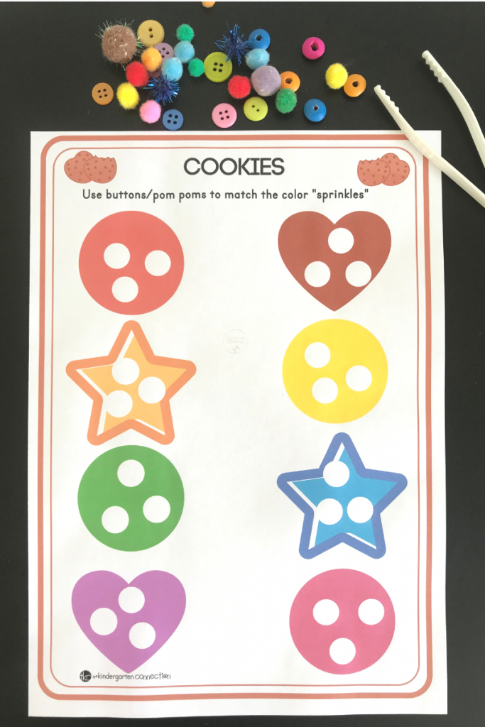 Get our FREE Color Sorting Printable Activity with a cookie theme for your preschool, pre-k or kindergarten class! This easy-prep center is great for working fine motor muscles while students practice matching colors!