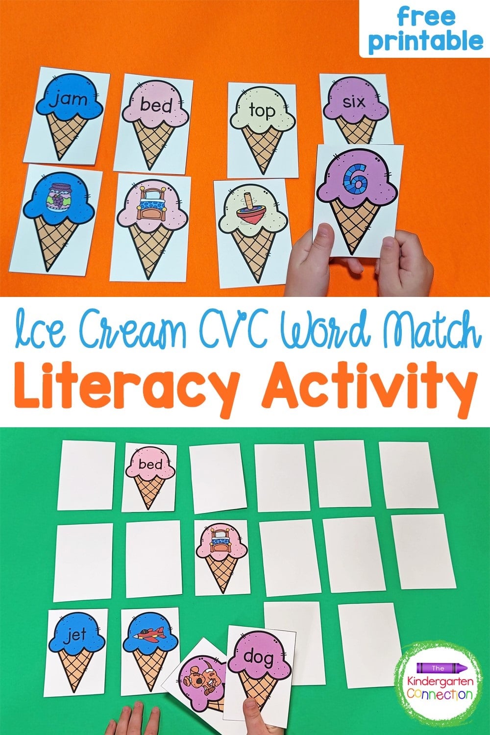 Get our free printable Ice Cream CVC Word Match for your summer-themed Kindergarten literacy centers or small groups!