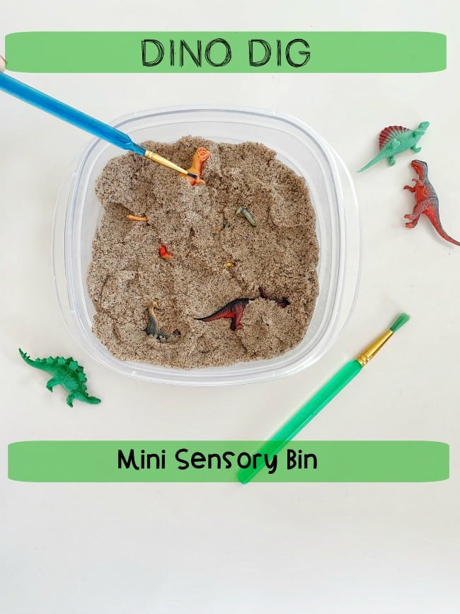 Find out how to make a Dinosaur Mini Sensory Bin that will travel with you wherever you go! Take it on vacation to the beach or in a car ride! Children can sort according to size and color or practicing counting! 