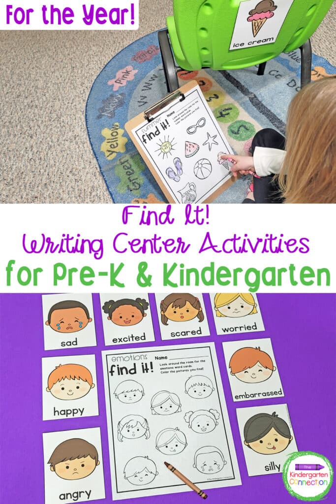 These "Find It!" Writing Centers for Pre-K and Kindergarten will get students up and moving and will keep them fully engaged!