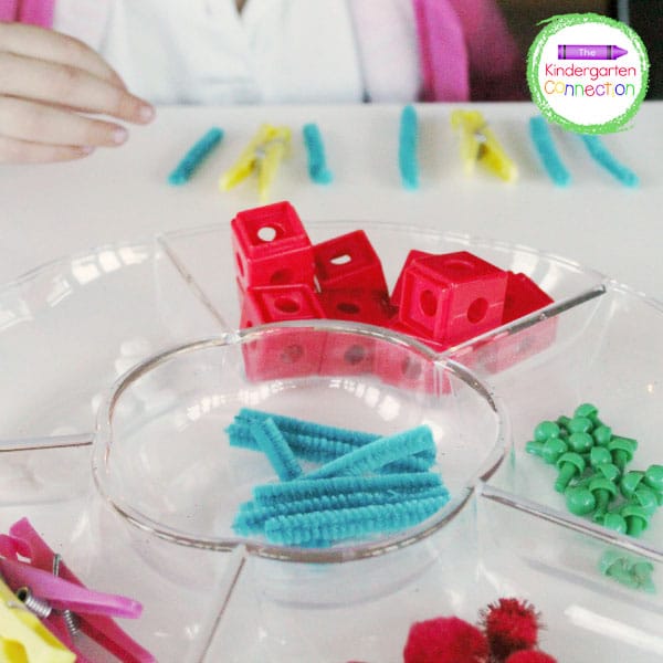Grab those pom poms, clothespins, pipe cleaners, or any loose parts you have around the house to make those patterns!