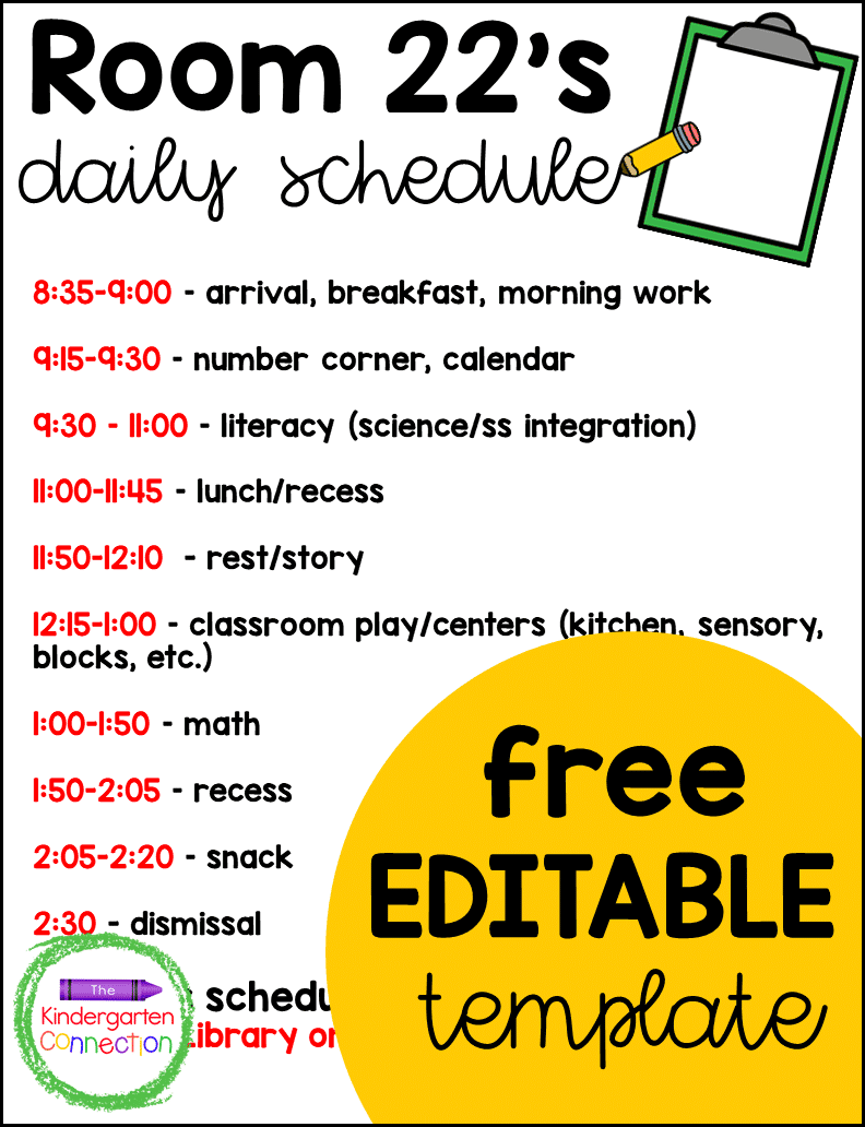 Plan and post your Kindergarten schedule (or Pre-K too!) with this free teacher schedule template! 