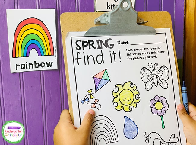 Find the spring vocabulary cards, read the words aloud, and color the matching pictures on the recording sheet.