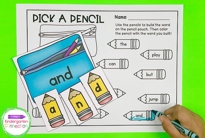 In the Pick a Pencil activity, spell the sight words by using the pencils to "write" the words on the pencil pouches!