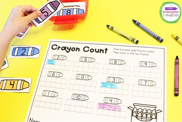 Pick a crayon number card and fill in the matching ten frame on the Crayon Count recording sheet.
