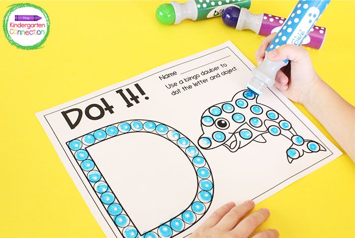 On the Dot It printable, students can use bingo dotters or stickers to fill in the letter and object.