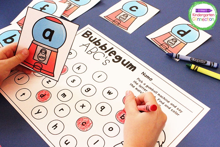 In Bubblegum ABC's, students pick a letter card and color the matching letter on the recording sheet.
