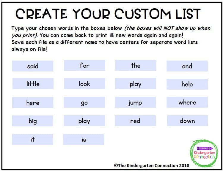 Type ANY 18 words into the custom list creator, and it automatically fills every activity with your chosen sight words.