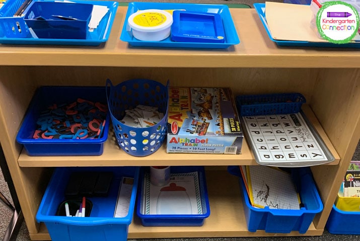 In my classroom, literacy supplies and centers go in blue bins.