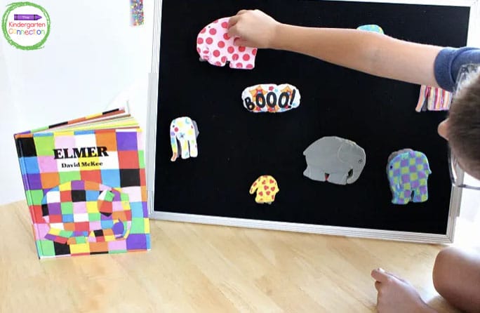 My boys decided to take turns re-telling the story with our felt board and Elmer book.