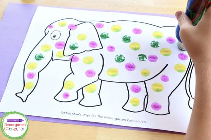This dot art Elmer craft for kids is the perfect addition to the fun read aloud. It's hands on creative fun, and makes a great bulletin board display! 